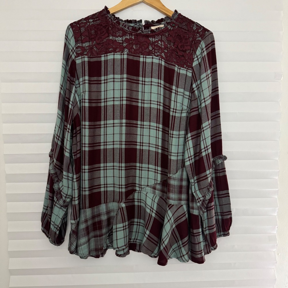 LOGO Lavish Lori Goldstein Plaid Lace Yoke Tunic Blouse Burgundy Sage XL Artsy